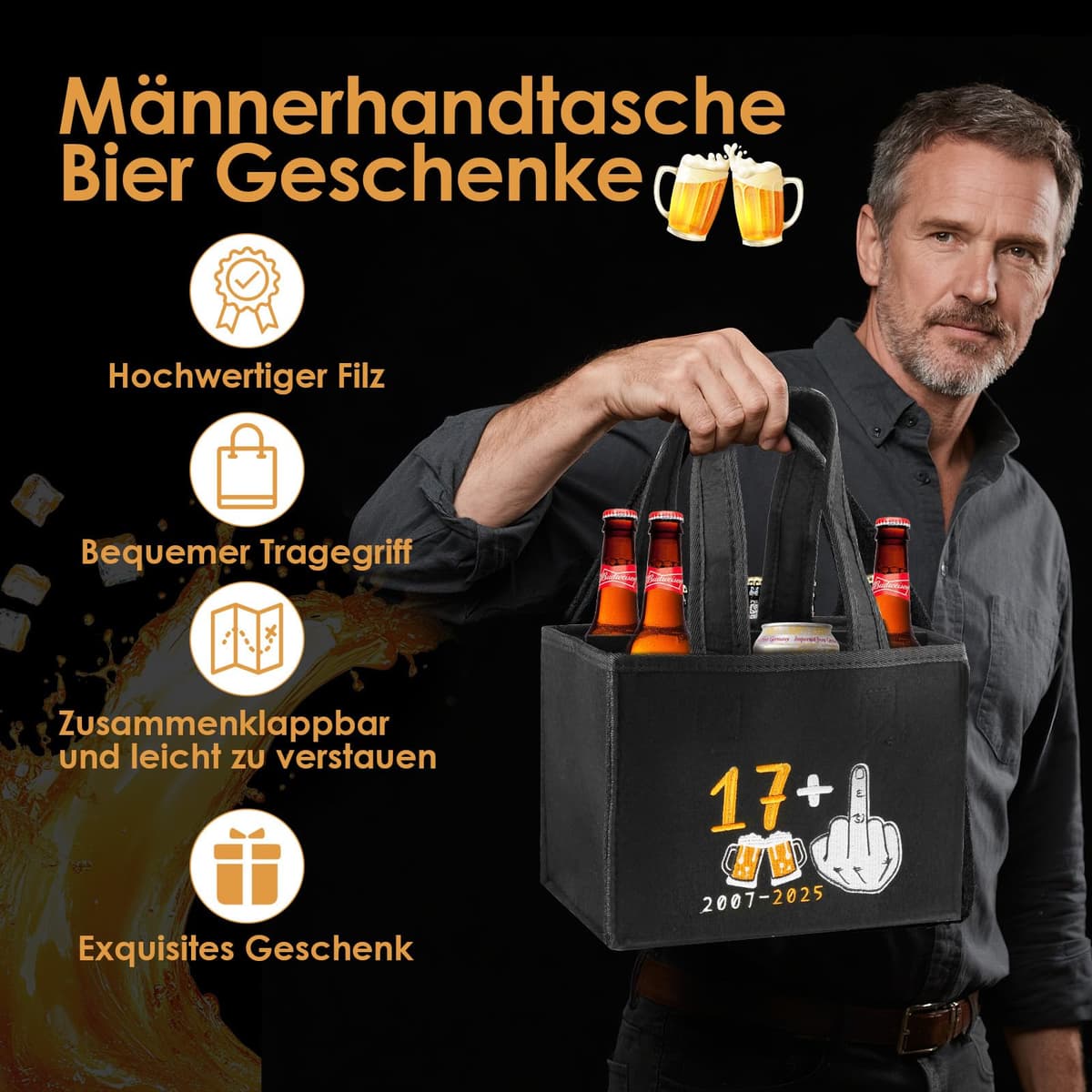 Geantă pentru sticle bere bărbați cu broderie – Fetru negru 6 sticle