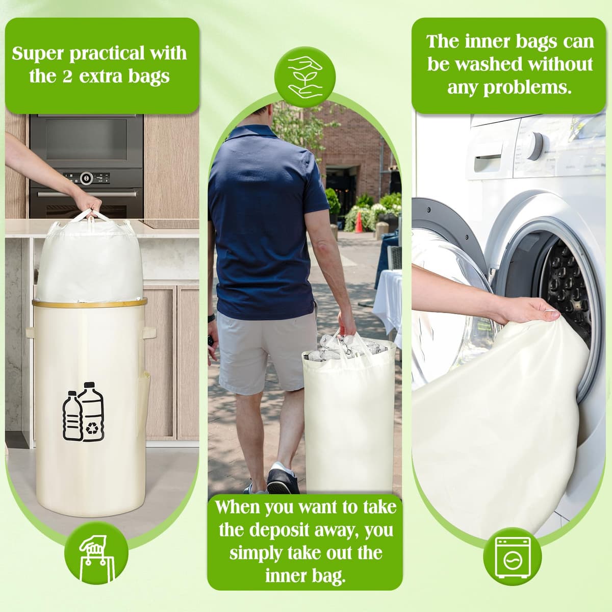 Colector sticle goale depozit container capac 100L, depozitare sticle deșeuri 2 buzunare interioare detașabile bej