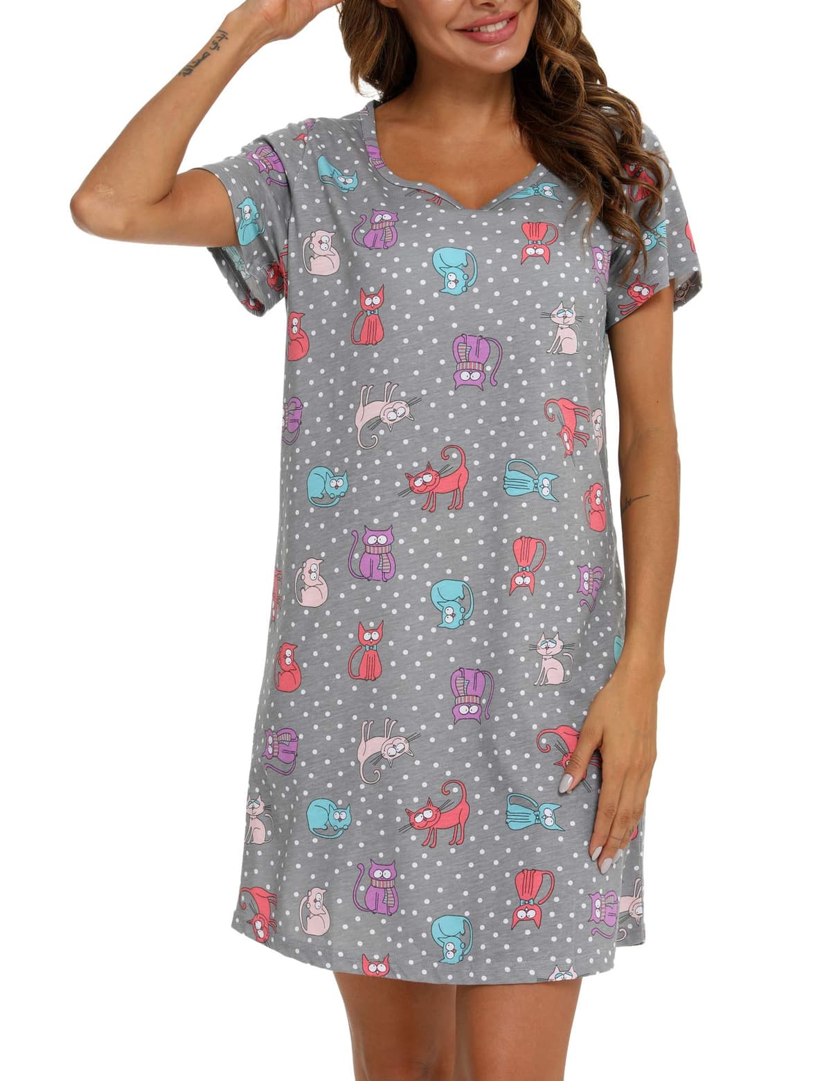 Cămașă de noapte din bumbac cu mâneci scurte pentru femei, moale de vară - pisică gri Large