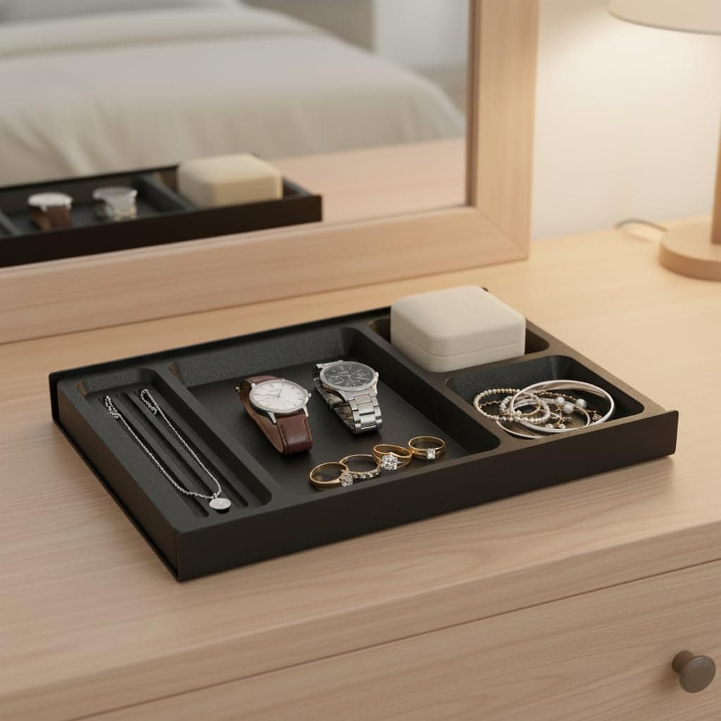 Organizator birou și sertar pentru machiaj, bijuterii și accesorii – Design aluminiu-plută