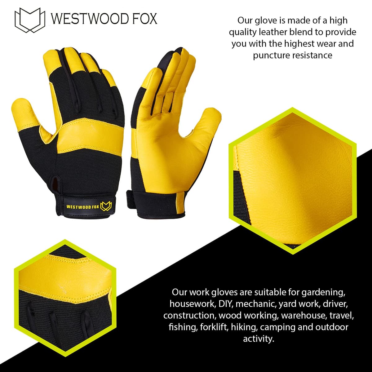 WESTWOOD FOX mănuși grădinărit rezistente spini, flexibile, piele durabilă pentru bărbați, femei (galben, S)