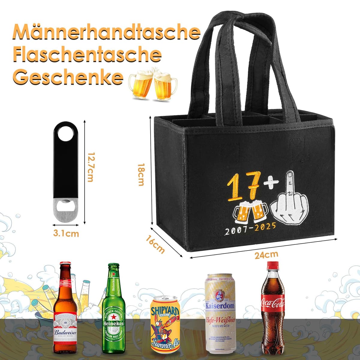 Geantă pentru sticle bere bărbați cu broderie – Fetru negru 6 sticle