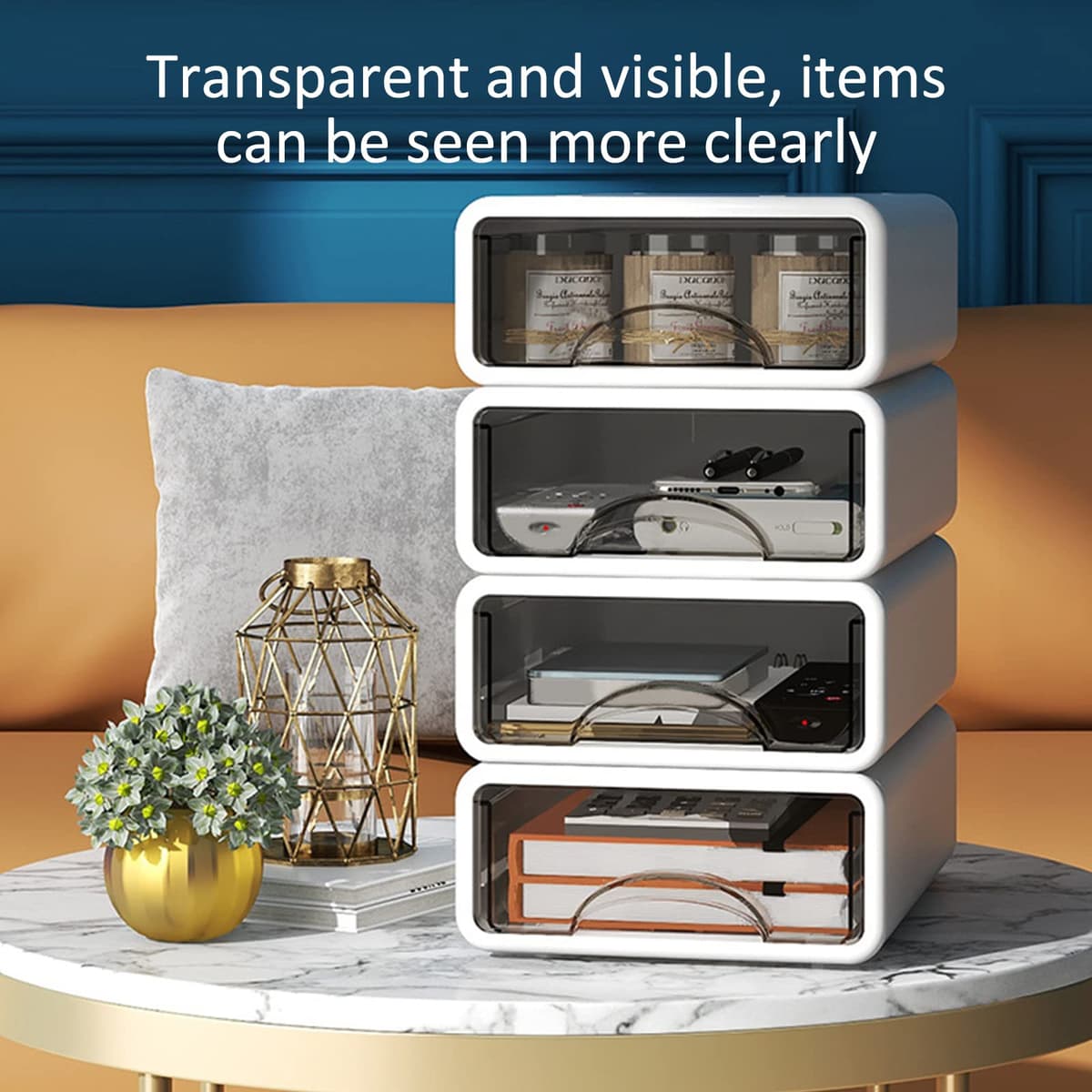 Vinteky cutii depozitare transparente empilabile pentru birou, cosmetice, cu sertare vizibile, cutie unică