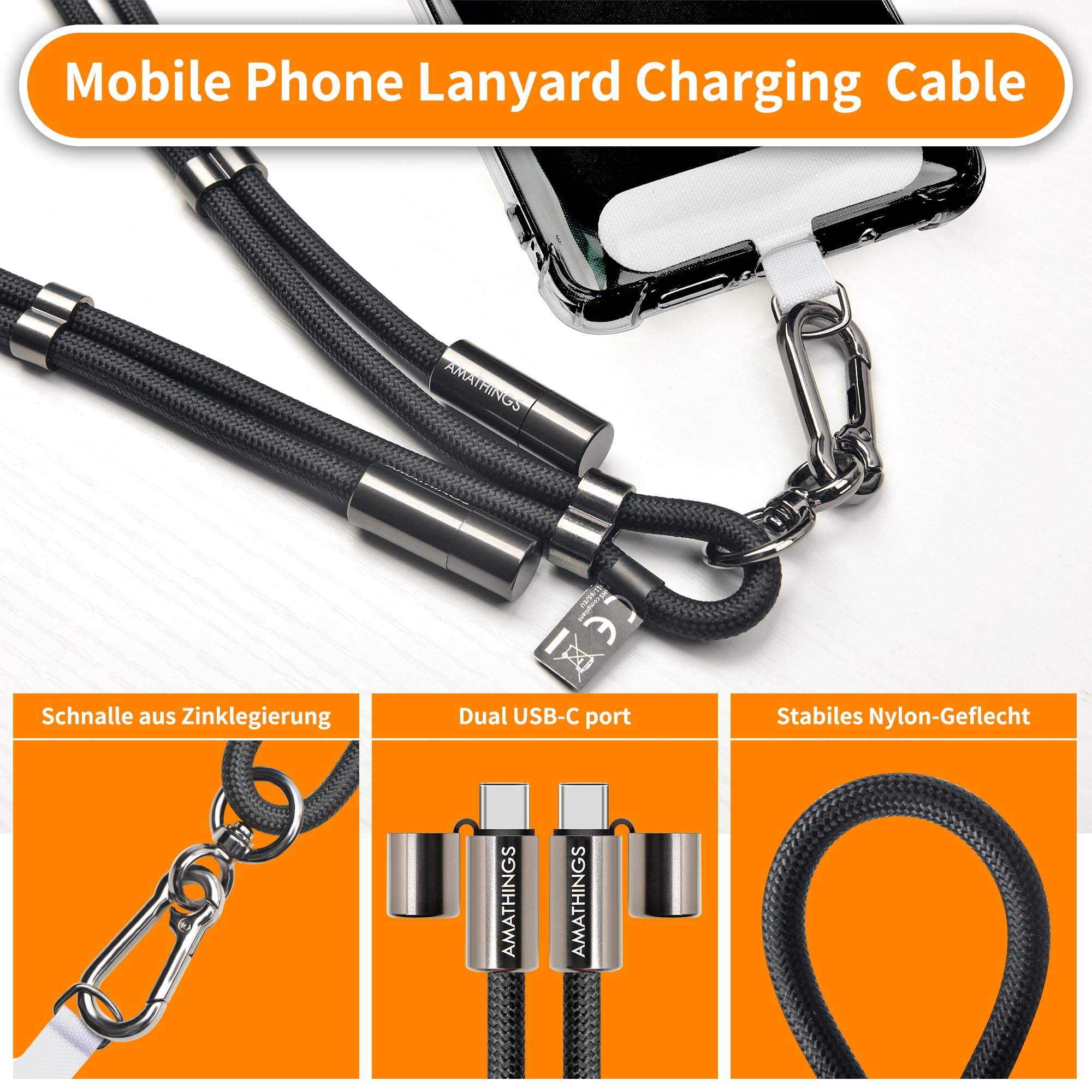 Cablu AMATHINGS USB-C la USB-C snur 60W încărcare rapidă reglabil negru portabil