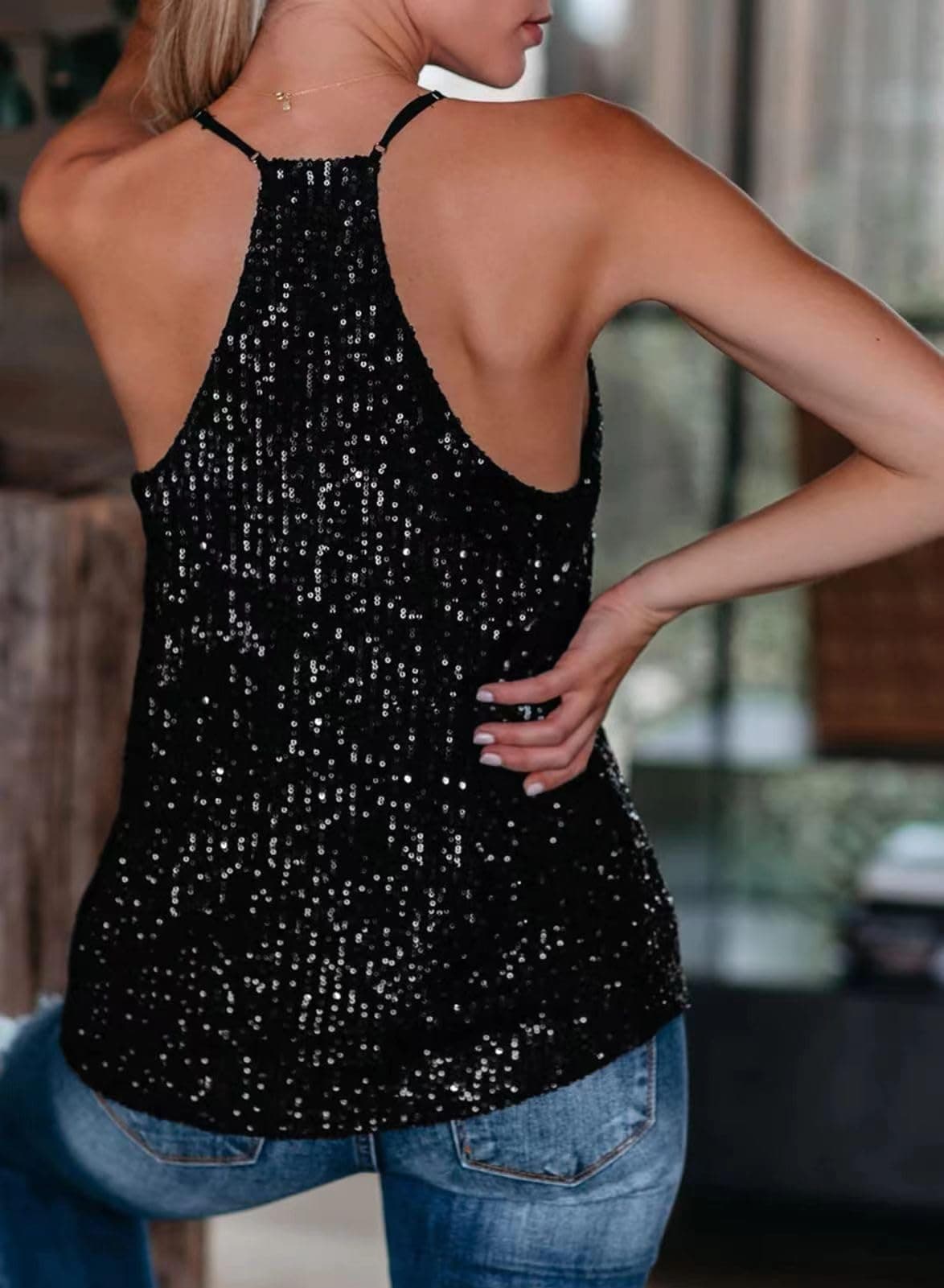 AirMood Top maiou sexy decolteu V cu paiete sclipitoare Las Vegas disco, negru, L