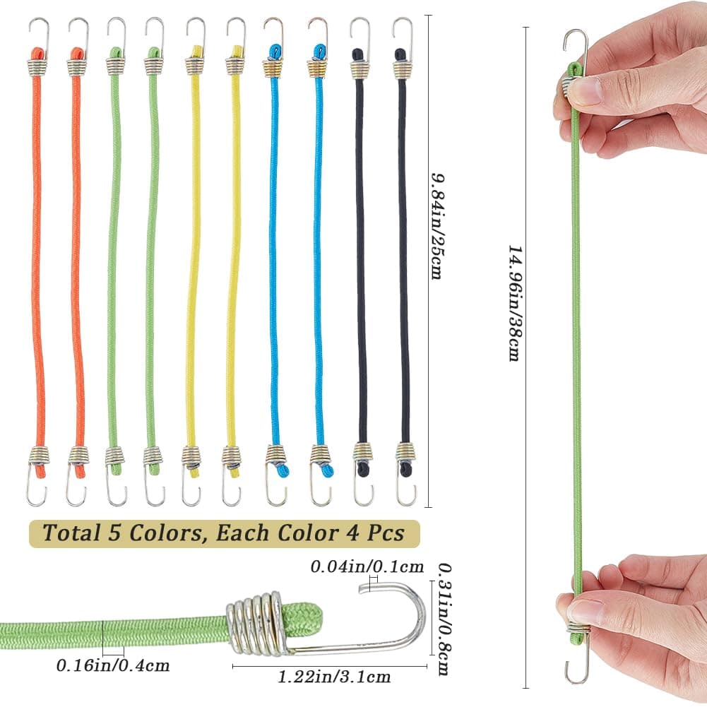 GORGECRAFT 20buc Curele bungee ajustabile heavy duty bagaje, camping, biciclete – Multicolor