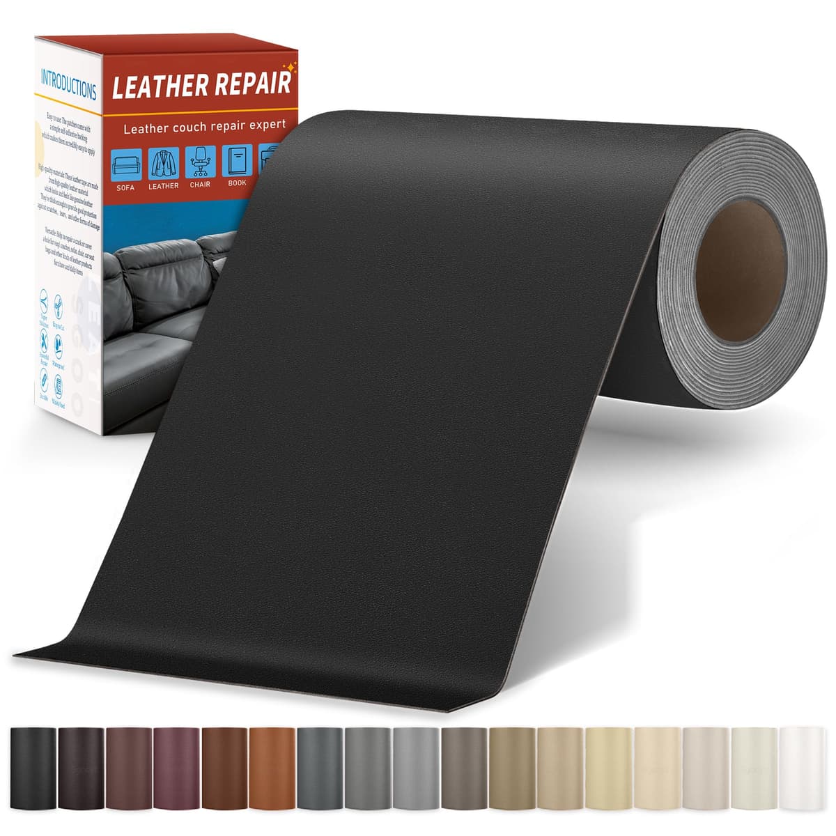 Kit reparație piele petice piele artificială autoadezivă pentru mobilier - negru neted 10x200cm