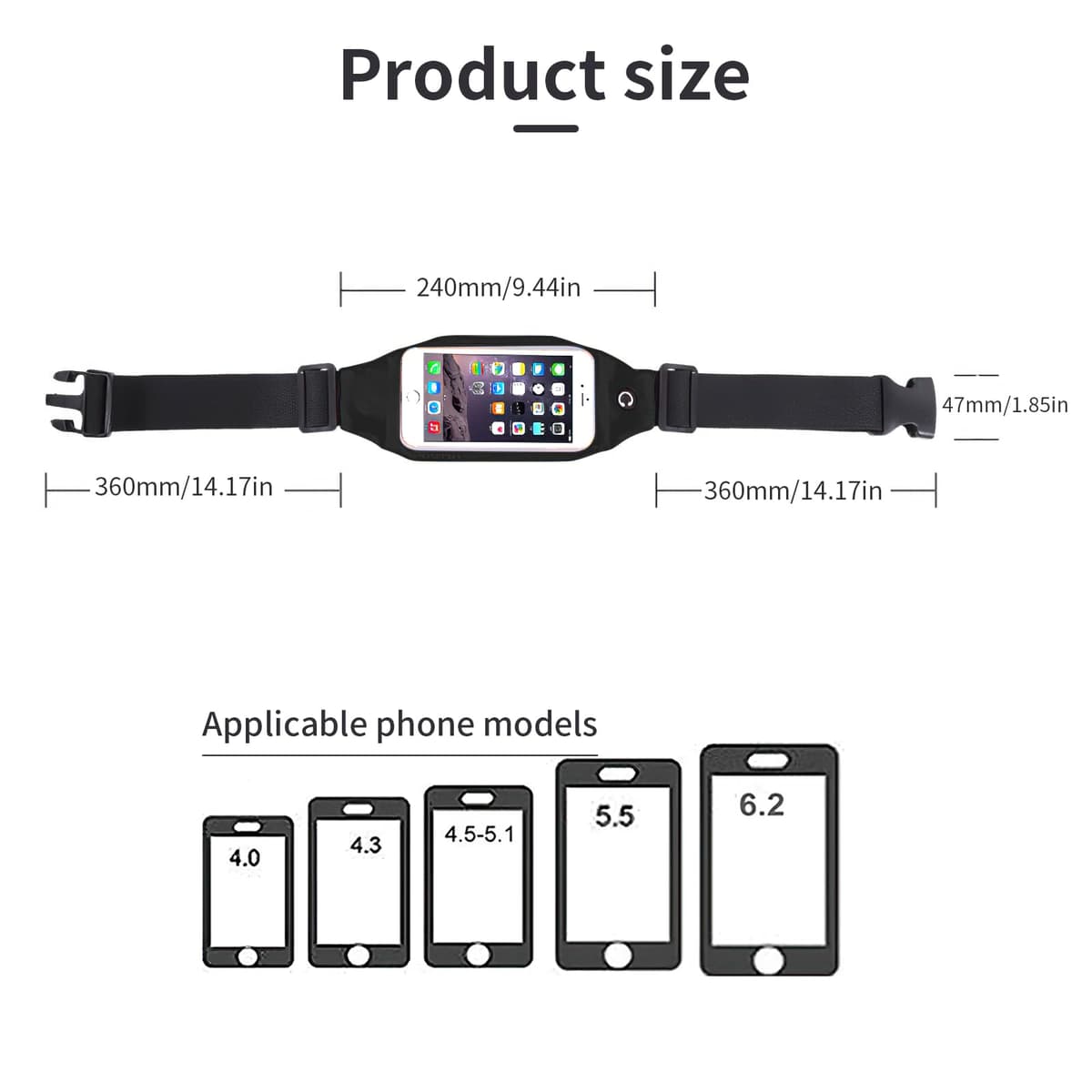 Centură alergare jogging - buzunar telefon reglabil cu touchscreen - centură sport exterior fitness negru până 5.5"