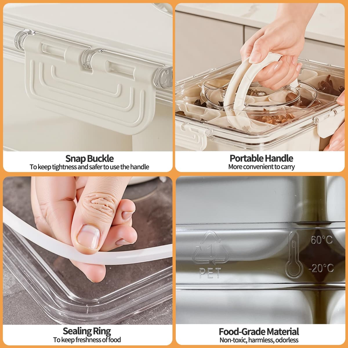 Tavă gustări cu capac și mâner, 8 compartimente tavă servire portabilă – Negru