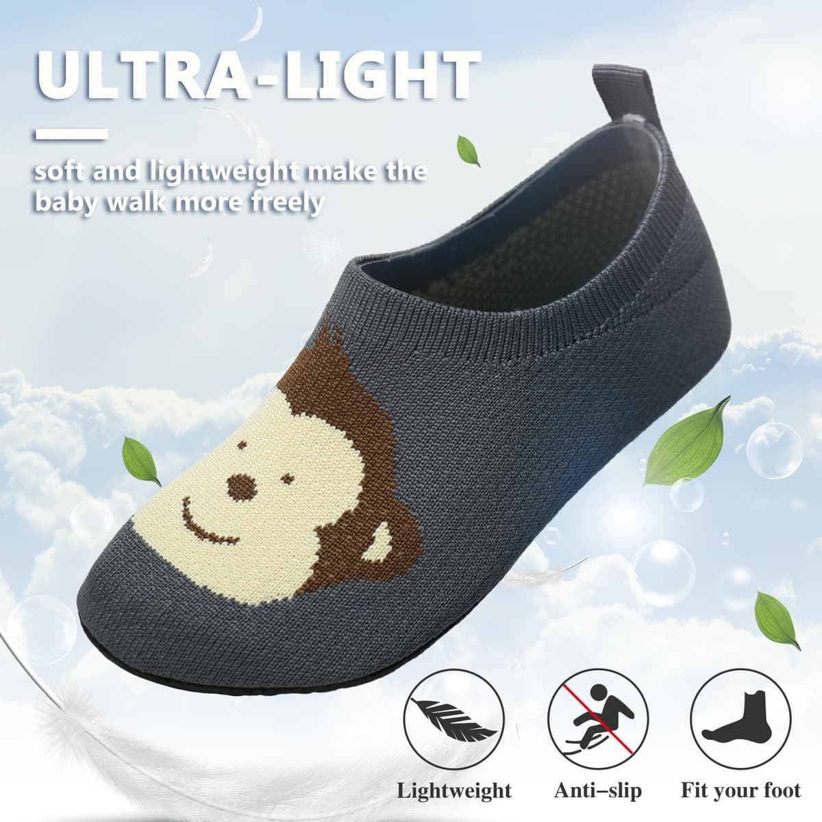 Aisprts Papuci Copii Antialunecare – Design Rechin Respirabil Moale, Albastru Marin EU 26/27