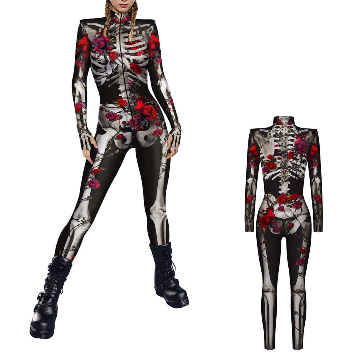 Salopetă Femei 3D Schelet Mâneci Lungi Imprimeu Digital Costum Halloween – Negru