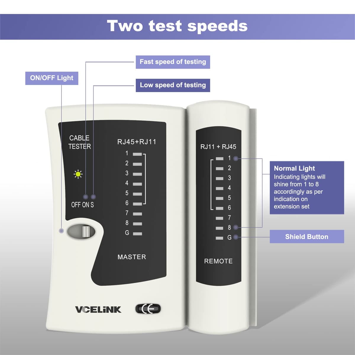 VCELINK tester cablu, tester rețea pentru cablu RJ45 RJ11, tester LAN, tester cablu telefon, negru