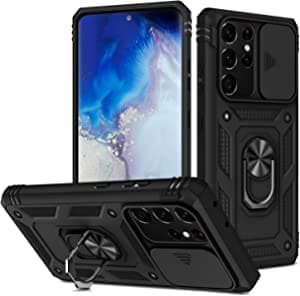 Whyzshiyi husă Samsung Galaxy S21 Ultra cu protecție cameră capac glisant, husă militară cu suport inel - negru