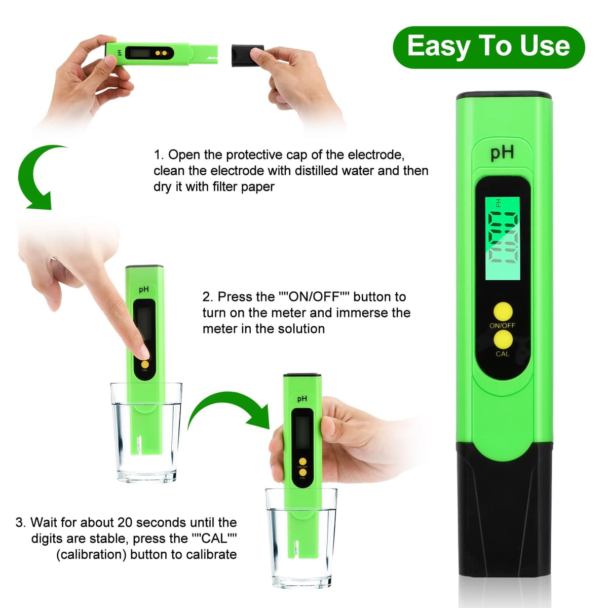 Aideepen pH metru digital, 0-14 gamă măsurare, 0.01 precizie, tester apă cu LCD backlight acvariu iaz piscină, cu pudră calibrare