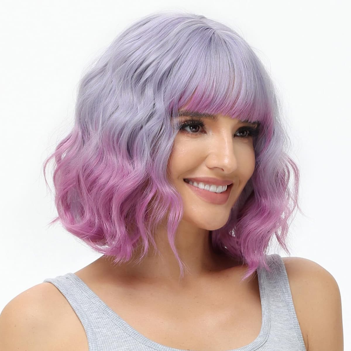 Perucă bob scurt cu breton păr sintetic ondulat bucle pentru femei – Natural