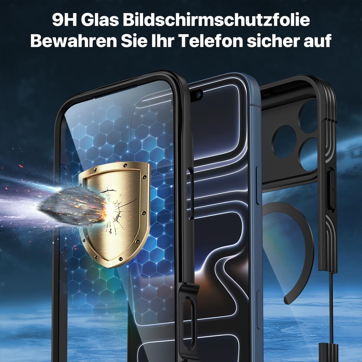 CENHUFO Husă iPhone 17 Pro cu MagSafe & Protecție Sticlă 9H – Negru