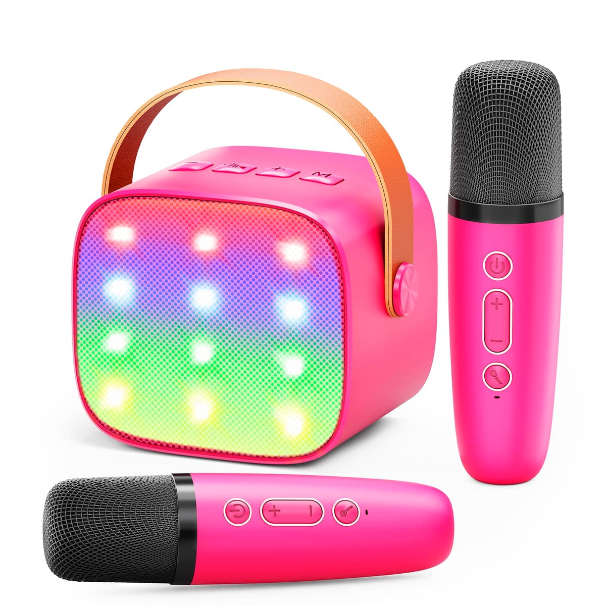 Mașină karaoke copii cu 2 microfoane, difuzor Bluetooth și lumini LED - roz închis