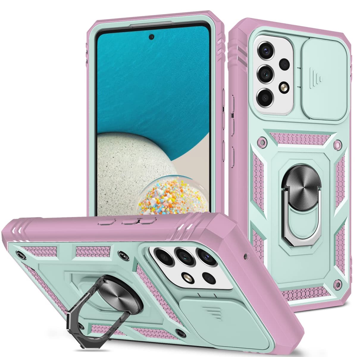 Whyzshiyi husă Samsung Galaxy S21 Ultra cu protecție cameră capac glisant, husă militară cu suport inel - roz