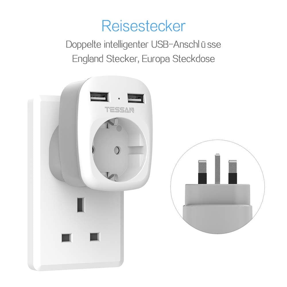 TESSAN 2 adaptoare călătorie UK Anglia Germania cu 2 USB, priză adaptoare încărcător perete