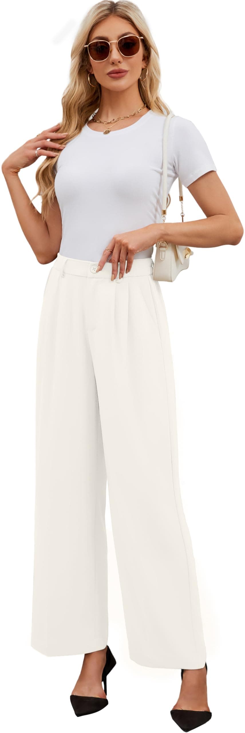 Pantaloni largi talie înaltă casual vară femei cu buzunare – bej S