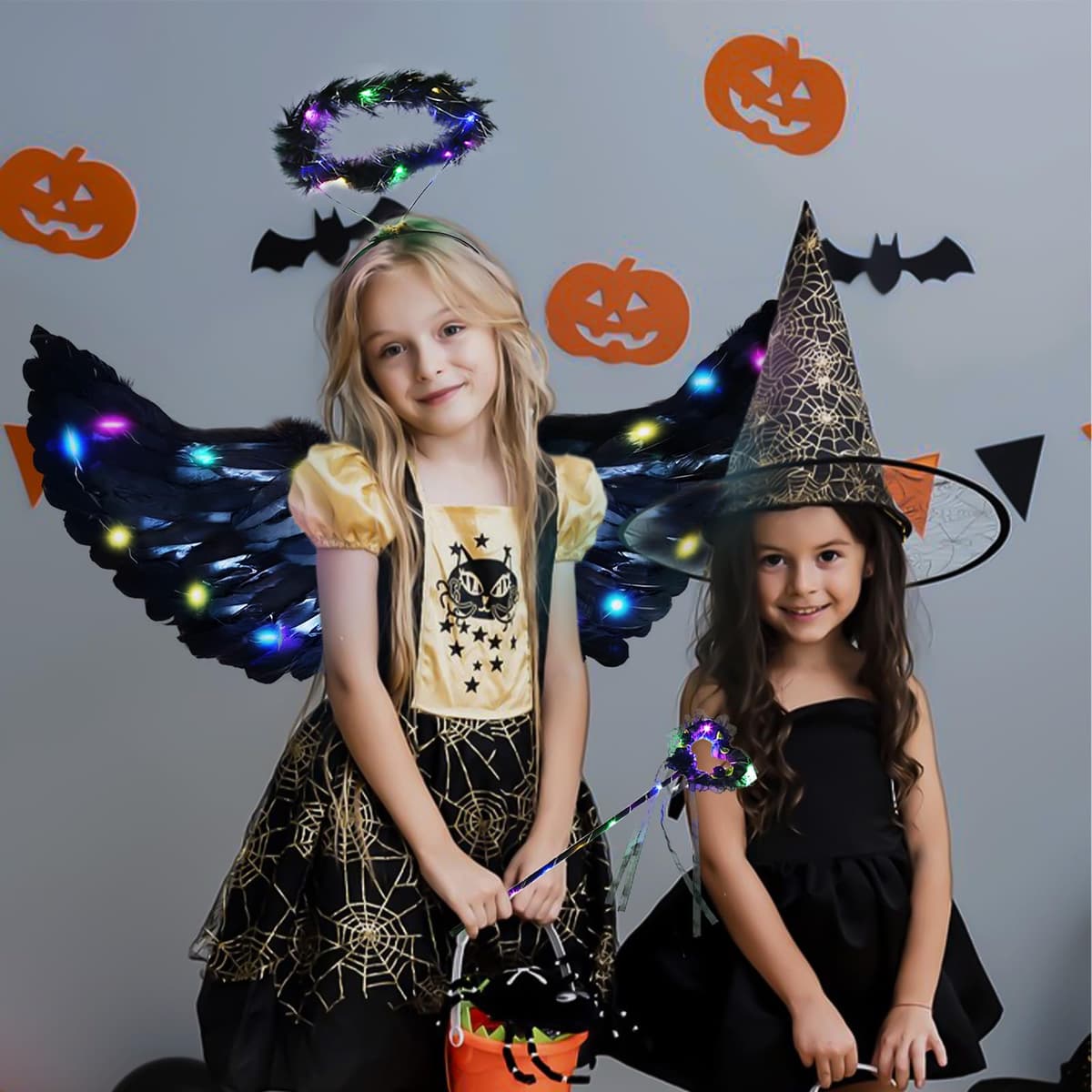 Aripi înger luminoase cu LED și aureolă pentru costum femei – Negru