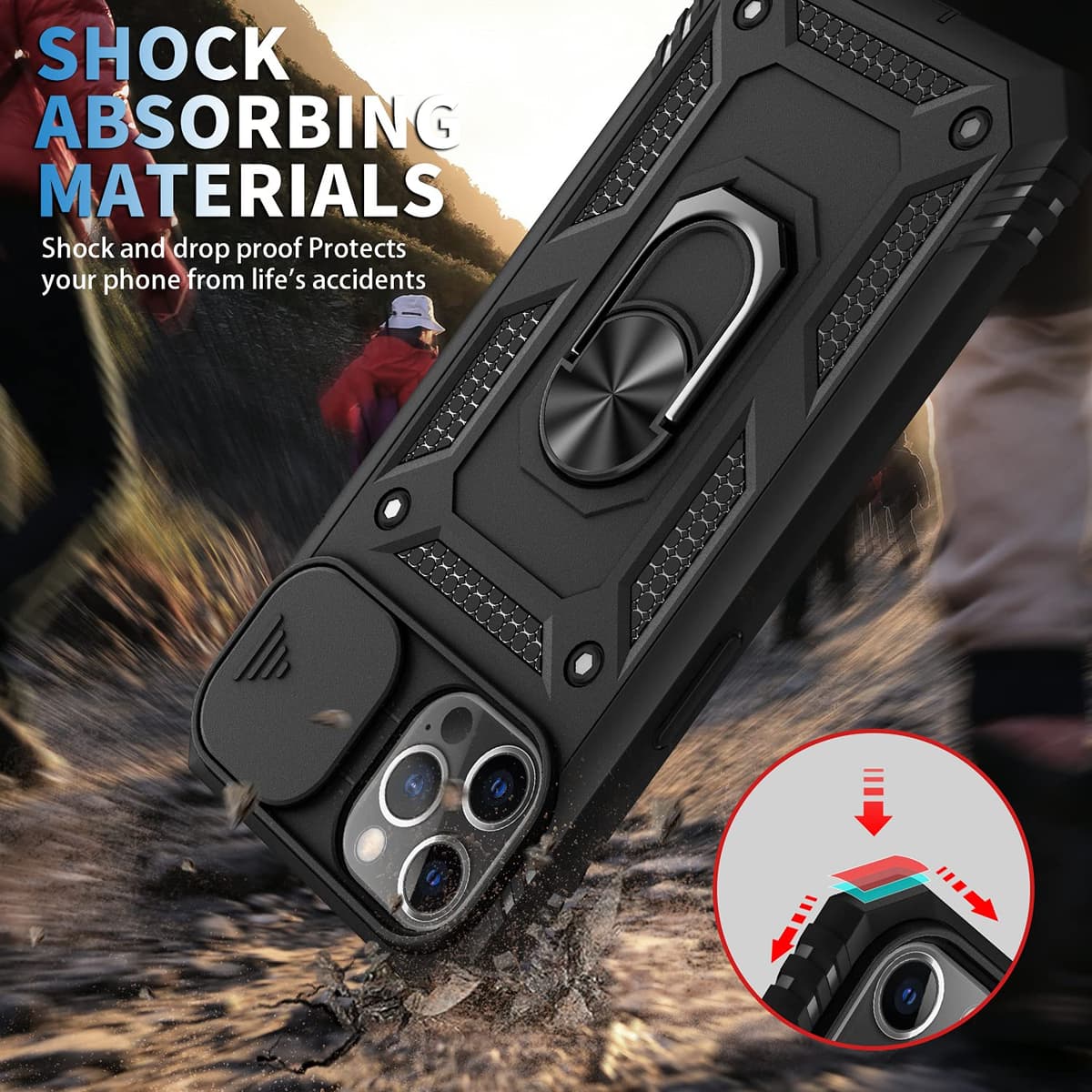 Whyzshiyi husă iPhone 12 Pro Max cu protecție cameră capac glisant, husă militară anti-șoc cu suport inel - roz