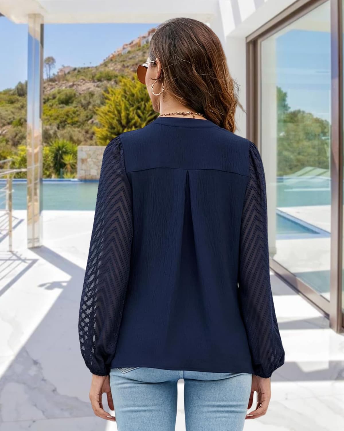 Atxnn Bluză șifon decolteu V mâneci lungi casual femei – negru