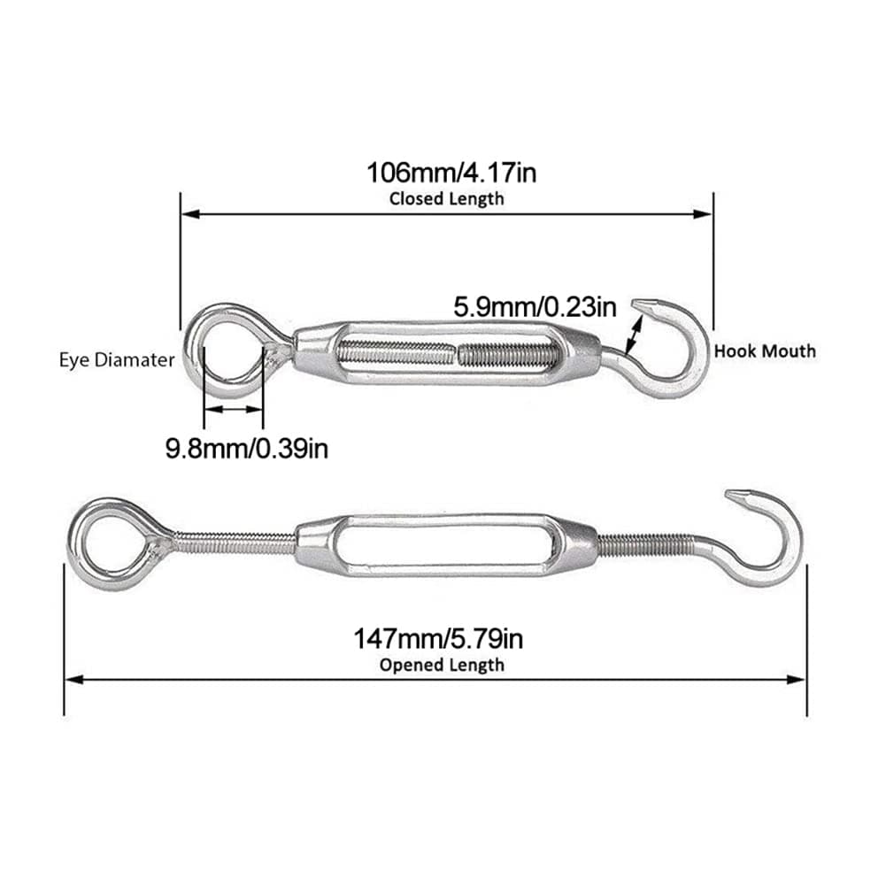 Întinzătoare cablu, întinzătoare inox, tensionere frânghie, tensionere cablu inox cu cârlige (M4, 4 piese)