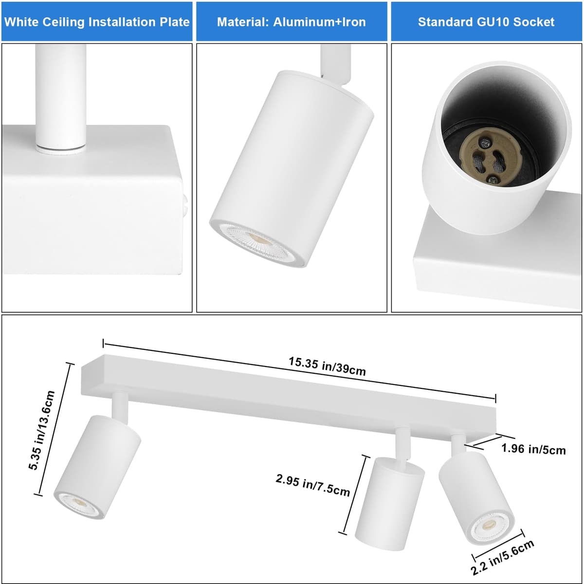 Klighten Spot de tavan alb GU10, 3 spoturi pivotante pentru bucătărie, dormitor, lungime 39cm, fără bec
