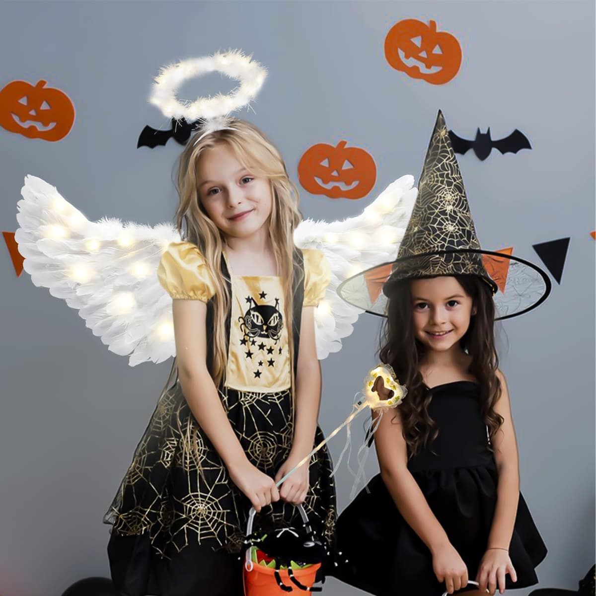 Aripi înger luminoase cu LED și aureolă pentru costum femei – Alb