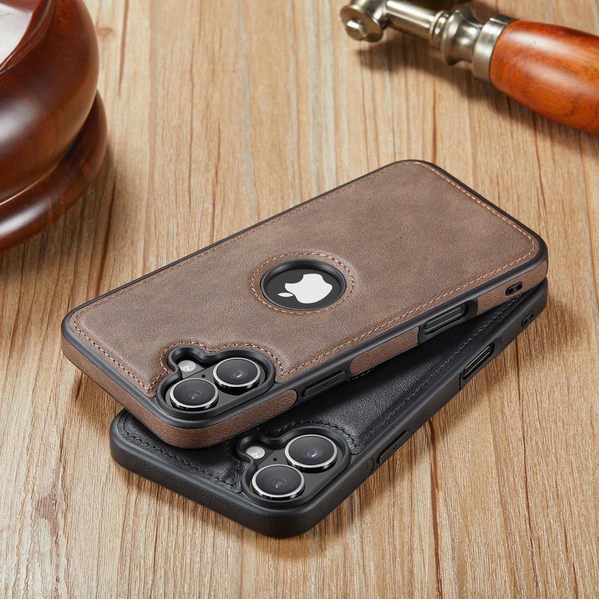 Husă Piele iPhone 16 Încărcare Wireless Compatibil, Piele Vegan Premium – Gri