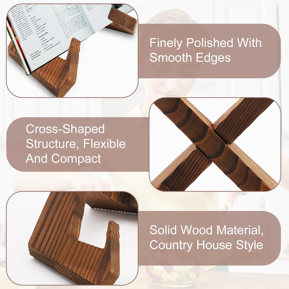 Suport carte bucătărie, suport carte din lemn, suport rețete bucătărie, suport carte pentru citit, suport afișaj, decorațiune vintage maro