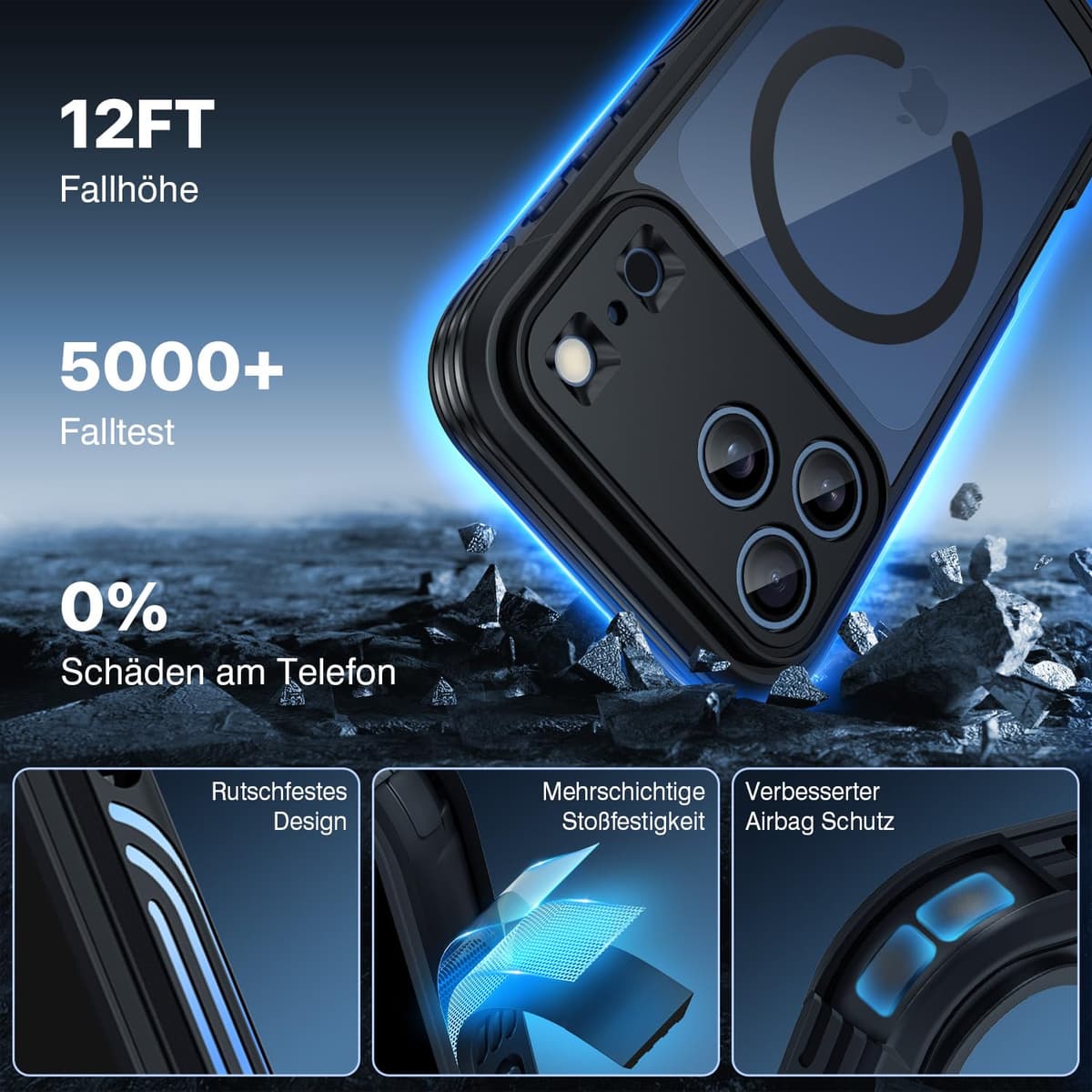 CENHUFO Husă iPhone 17 Pro cu MagSafe & Protecție Sticlă 9H – Negru