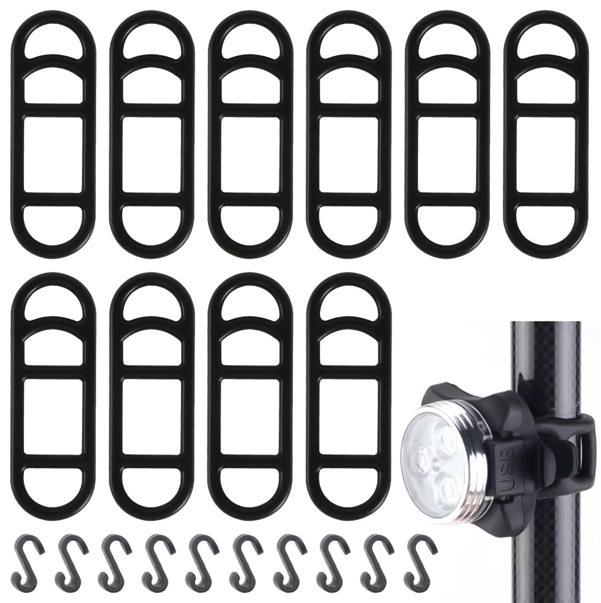 Set curele silicon pentru lumini bicicletă 10x curele 4 găuri + 10x cârlige S – Cauciuc montaj