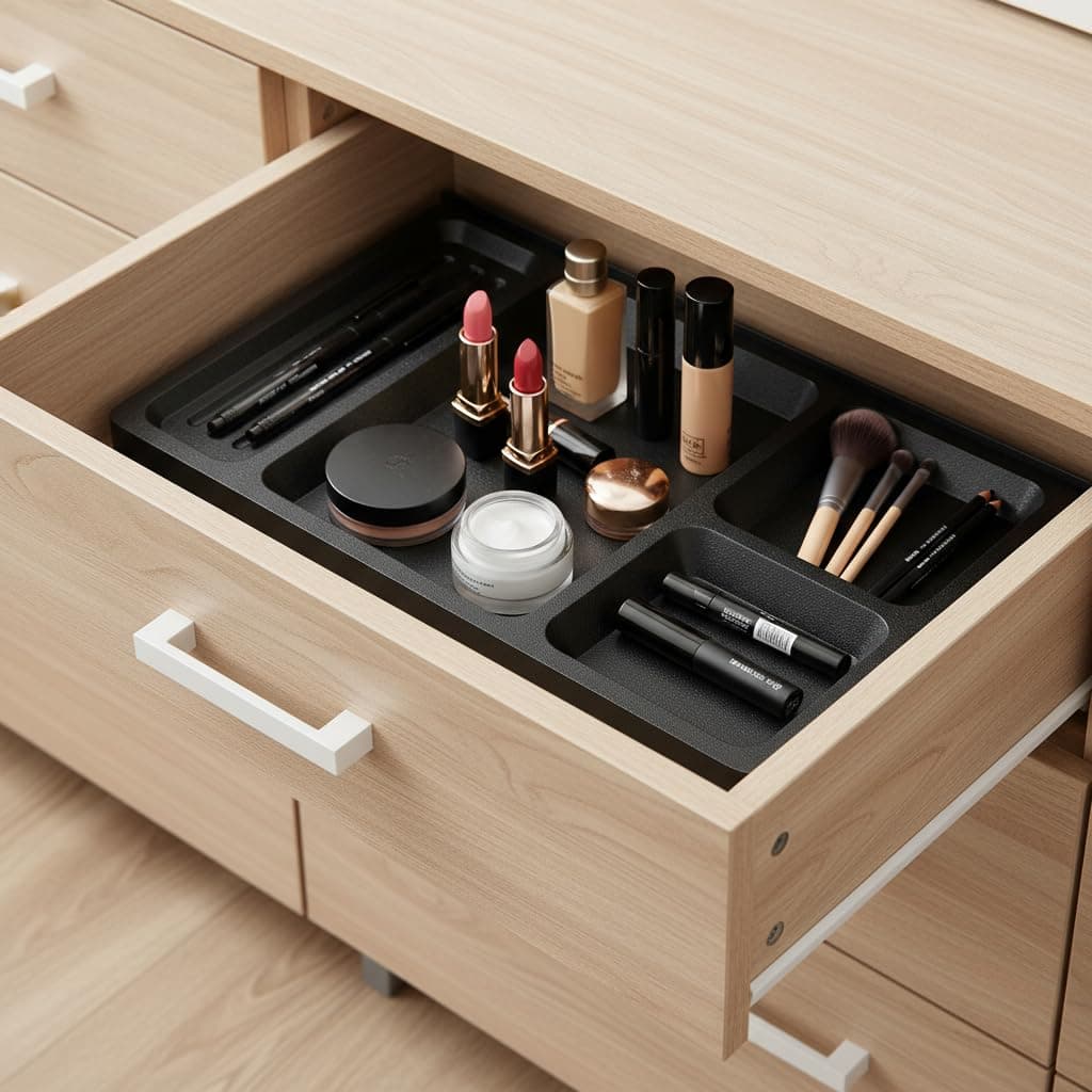 Organizator birou și sertar pentru machiaj, bijuterii și accesorii – Design aluminiu-plută