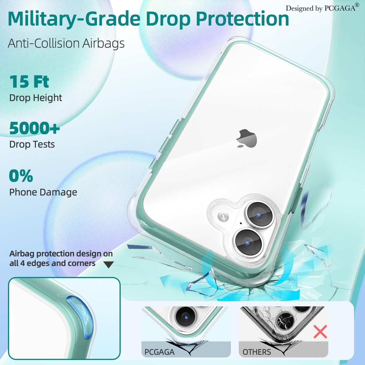 pcgaga husă iPhone 16 (2024), protecție militară cu airbag-uri, spate transparent rezistent verde