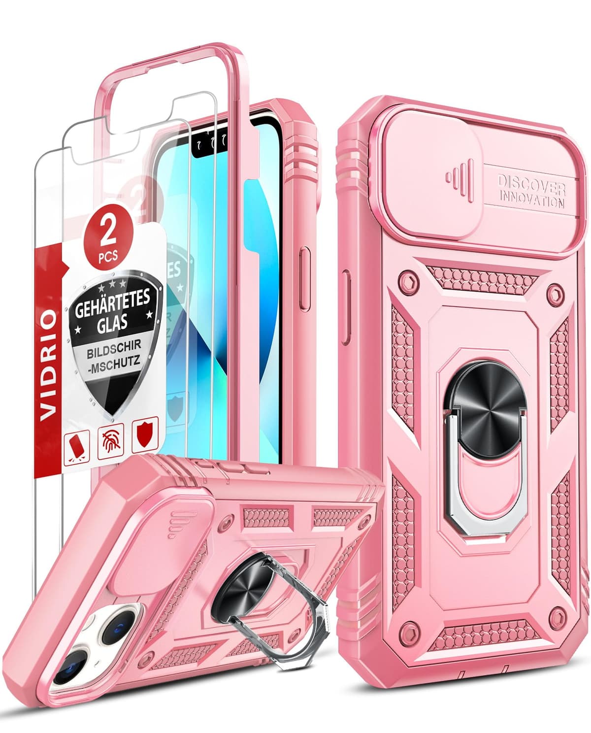 Husă iPhone 13 Protecție Militară cu 2 Folii Protecție Ecran – Roz