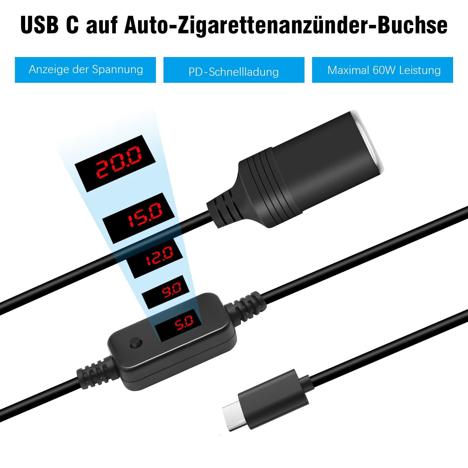 Adaptor USB-C la brichetă auto RUIZHI 60W, convertor USB-C masculin la priză auto 12V pentru dashcam, oglindă retrovizoare