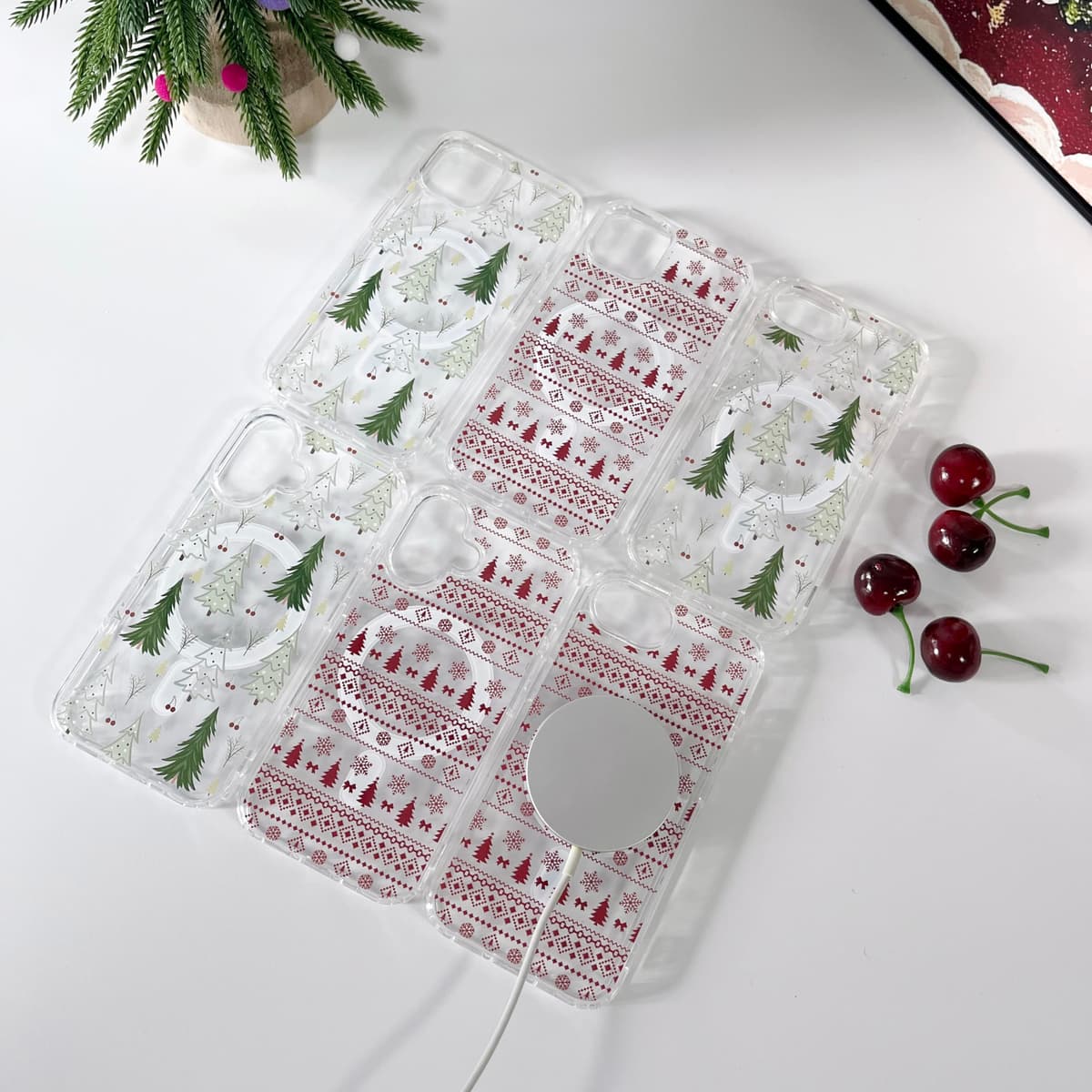 ZTOFERA Husă Magnetică pentru iPhone 16 Pro, Husă Transparentă cu Model Flori Compatibilă MagSafe Încărcare Wireless, Protecție Șocuri - Roșu Crăciun